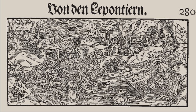 Flutwelle «Buzza di Biasca» nach J. Stumpf, 1548, aus «Geschichte des Hochwasserschutzes»